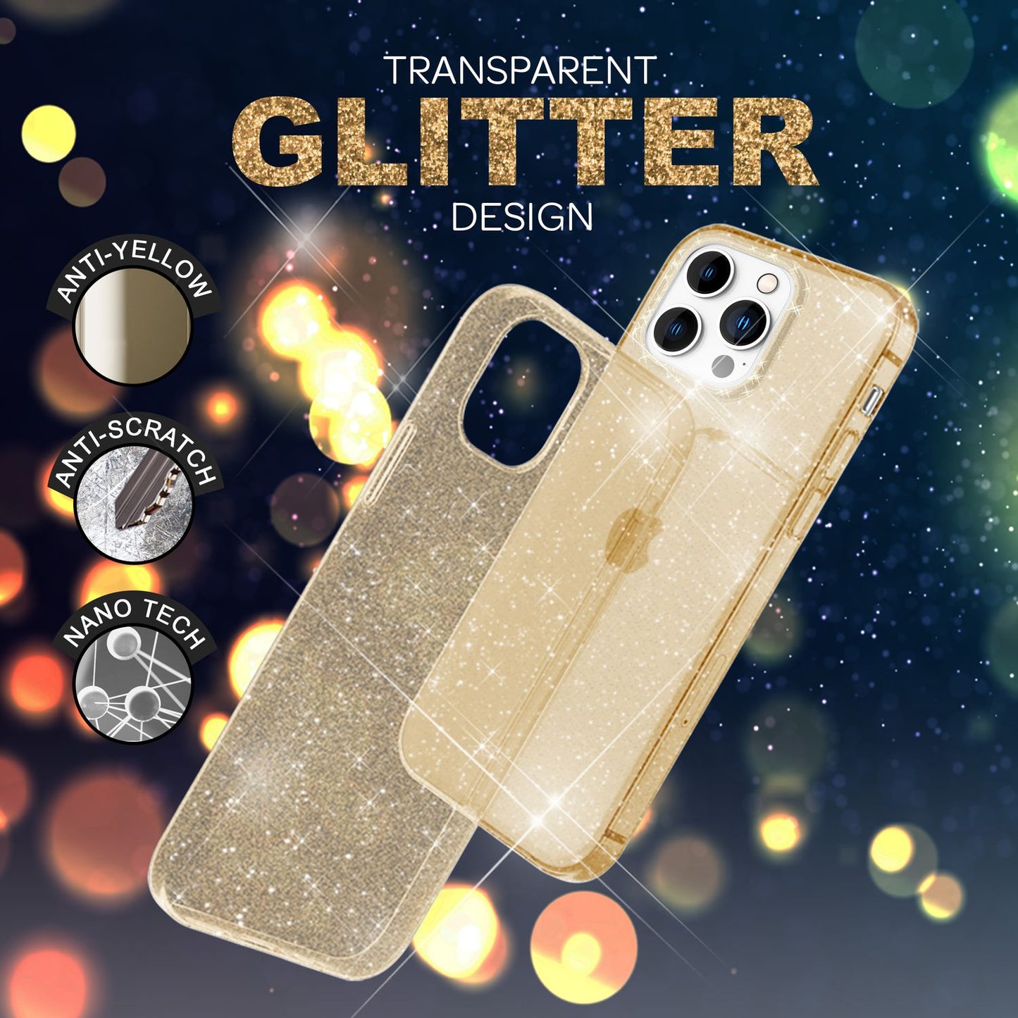 NALIA Glitzerhülle für iPhone 14 Pro – Funkelndes Silikon Case – DAZZLIN (Transparent & Stoßfest) – Marke aus Berlin