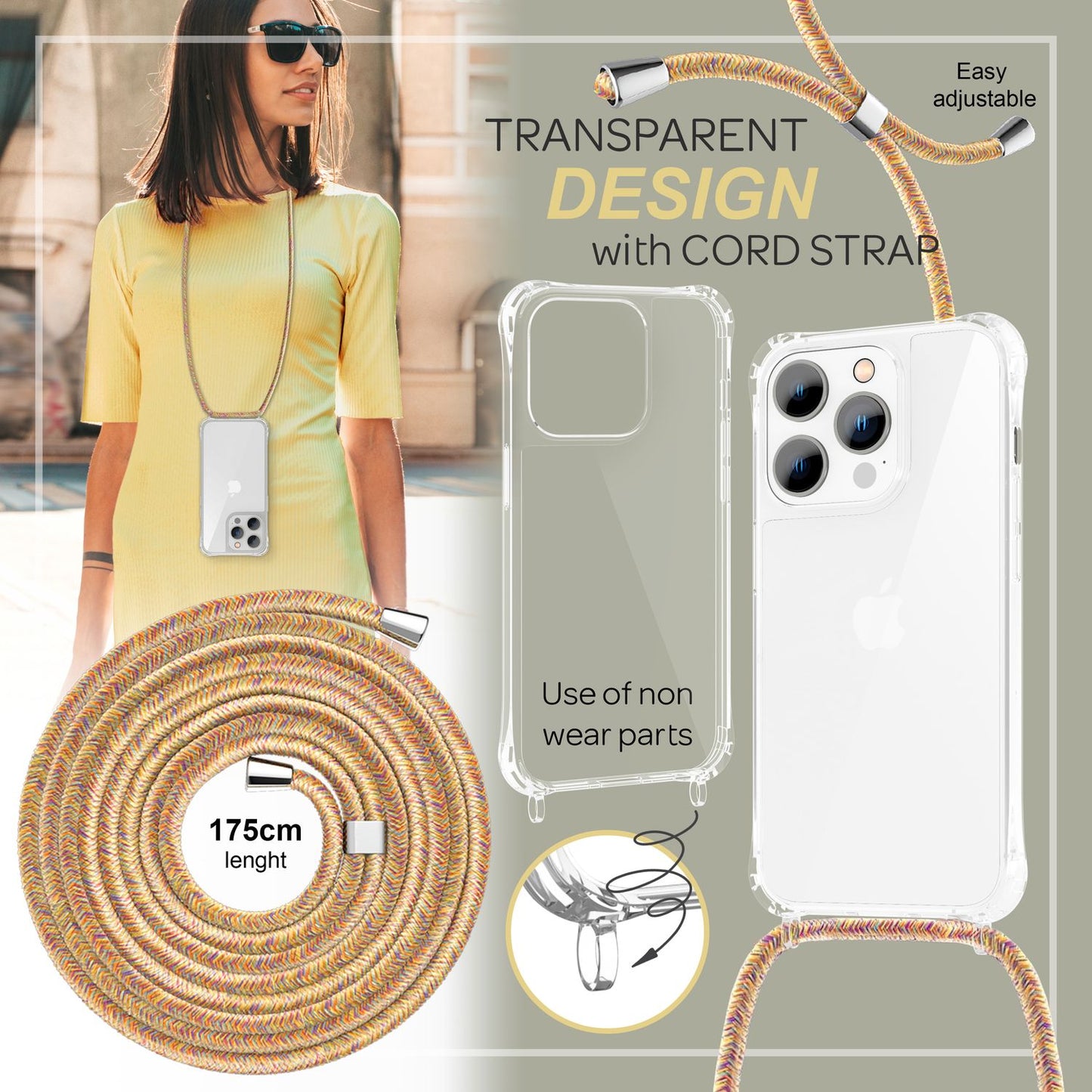 NALIA Handykette für iPhone 14 Pro – Transparentes Hybrid-Case & Band – HANGIT PRO (Anti-Gelb Rückseite & Verstellbar) – Marke aus Berlin