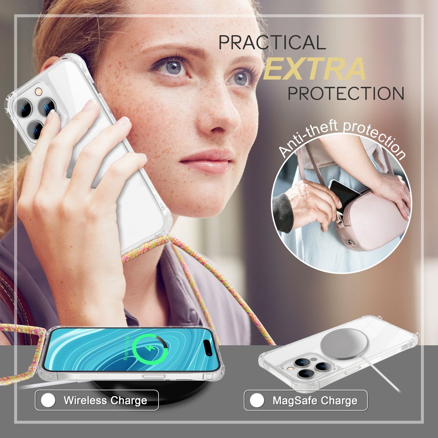 NALIA Handykette für iPhone 14 Pro – Transparentes Hybrid-Case & Band – HANGIT PRO (Anti-Gelb Rückseite & Verstellbar) – Marke aus Berlin