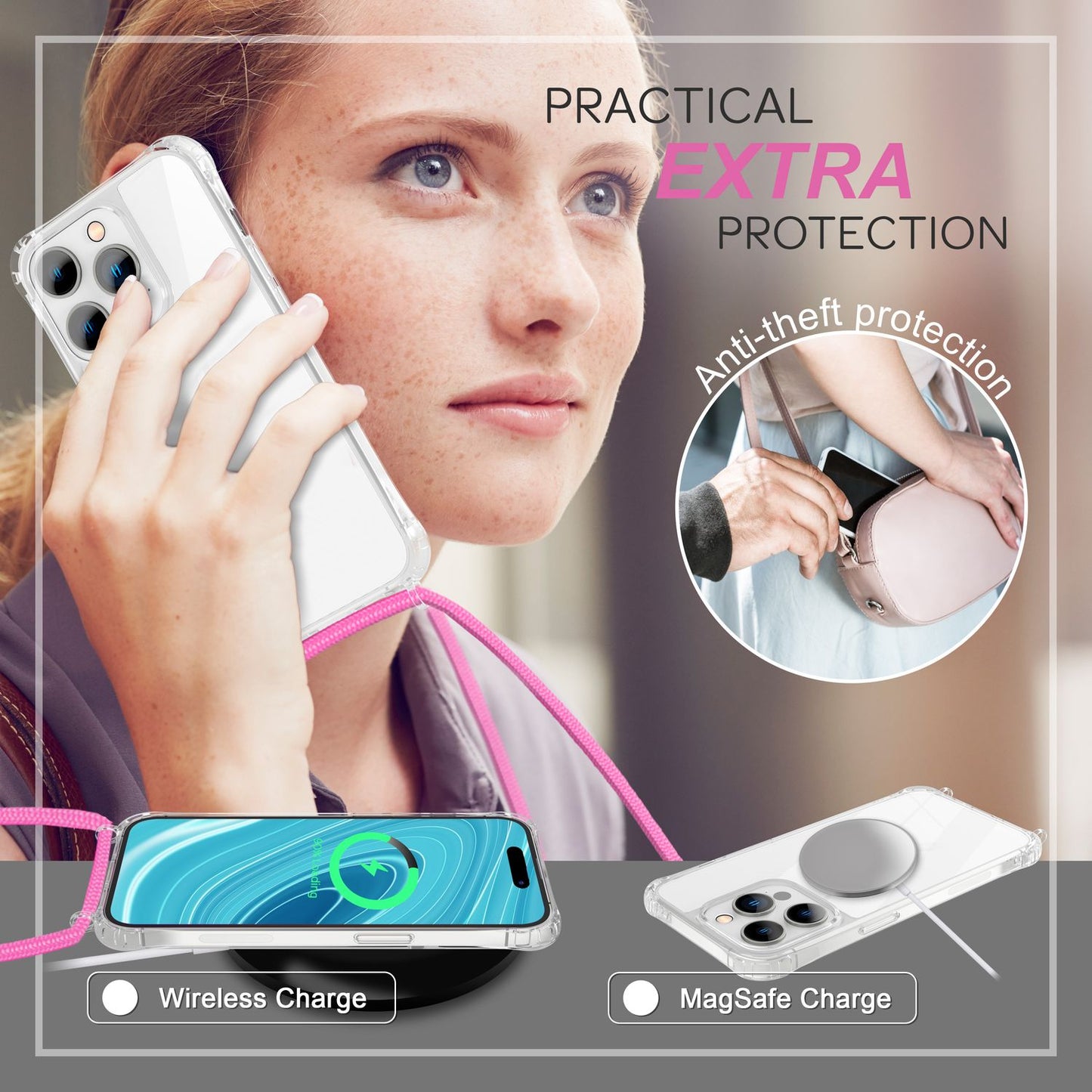 NALIA Handykette für iPhone 14 Pro Max – Transparentes Hybrid-Case & Band – HANGIT PRO (Anti-Gelb Rückseite & Verstellbar) – Marke aus Berlin