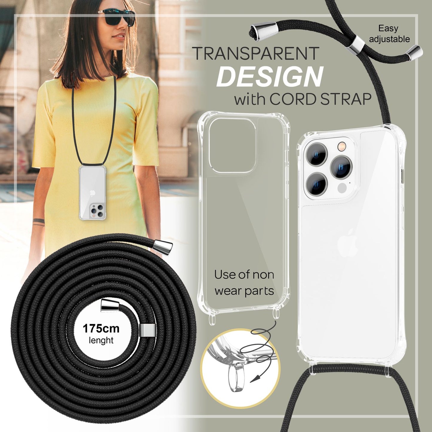 NALIA Handykette für iPhone 14 Pro Max – Transparentes Hybrid-Case & Band – HANGIT PRO (Anti-Gelb Rückseite & Verstellbar) – Marke aus Berlin