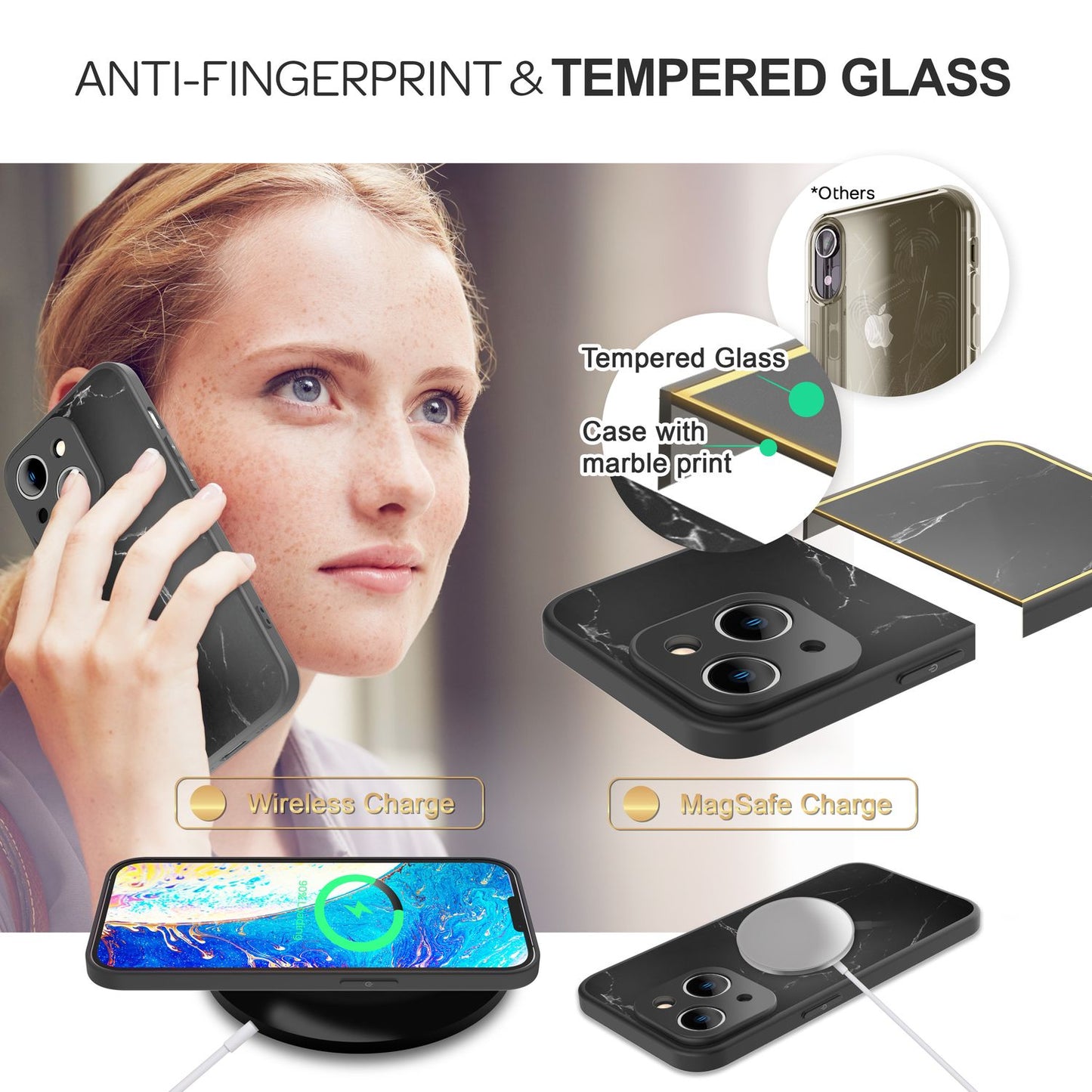 NALIA Marmor Glas Case für iPhone 14 – Kratzfestes 9H Echtglas – MARBELLE (Silikon Bumper & Grip) – Marke aus Berlin