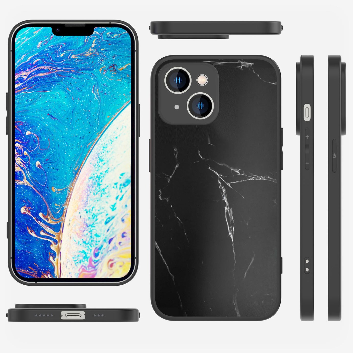 NALIA Marmor Glas Case für iPhone 14 – Kratzfestes 9H Echtglas – MARBELLE (Silikon Bumper & Grip) – Marke aus Berlin