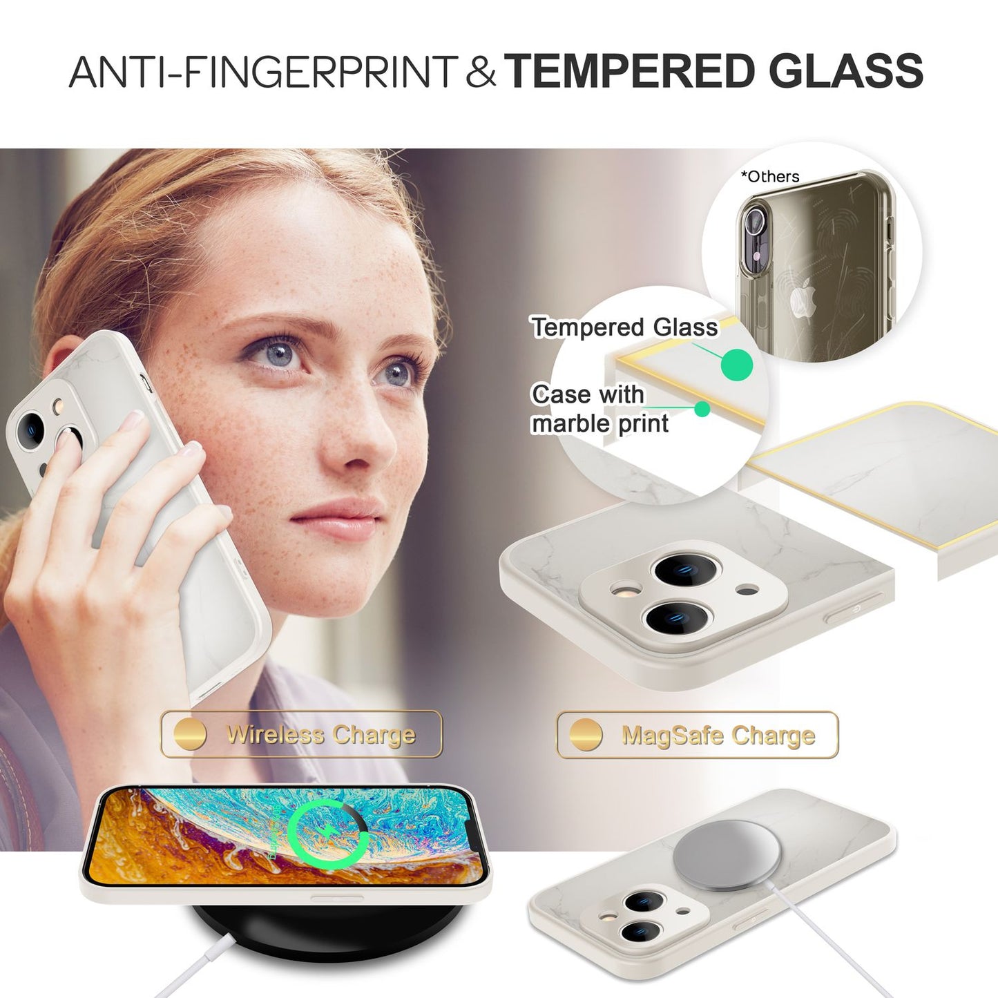 NALIA Marmor Glas Case für iPhone 14 – Kratzfestes 9H Echtglas – MARBELLE (Silikon Bumper & Grip) – Marke aus Berlin