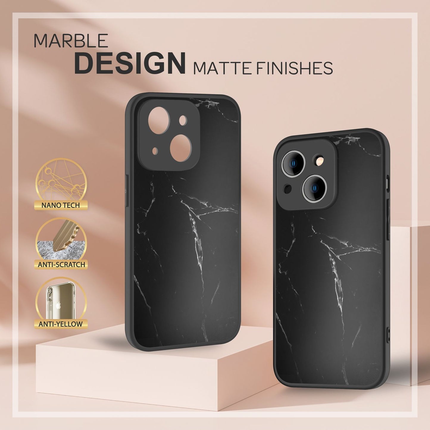 NALIA Marmor Glas Case für iPhone 14 Plus – Kratzfestes 9H Echtglas – MARBELLE (Silikon Bumper & Grip) – Marke aus Berlin