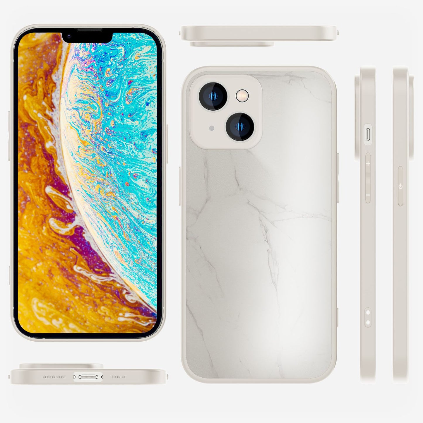 NALIA Marmor Glas Case für iPhone 14 Plus – Kratzfestes 9H Echtglas – MARBELLE (Silikon Bumper & Grip) – Marke aus Berlin