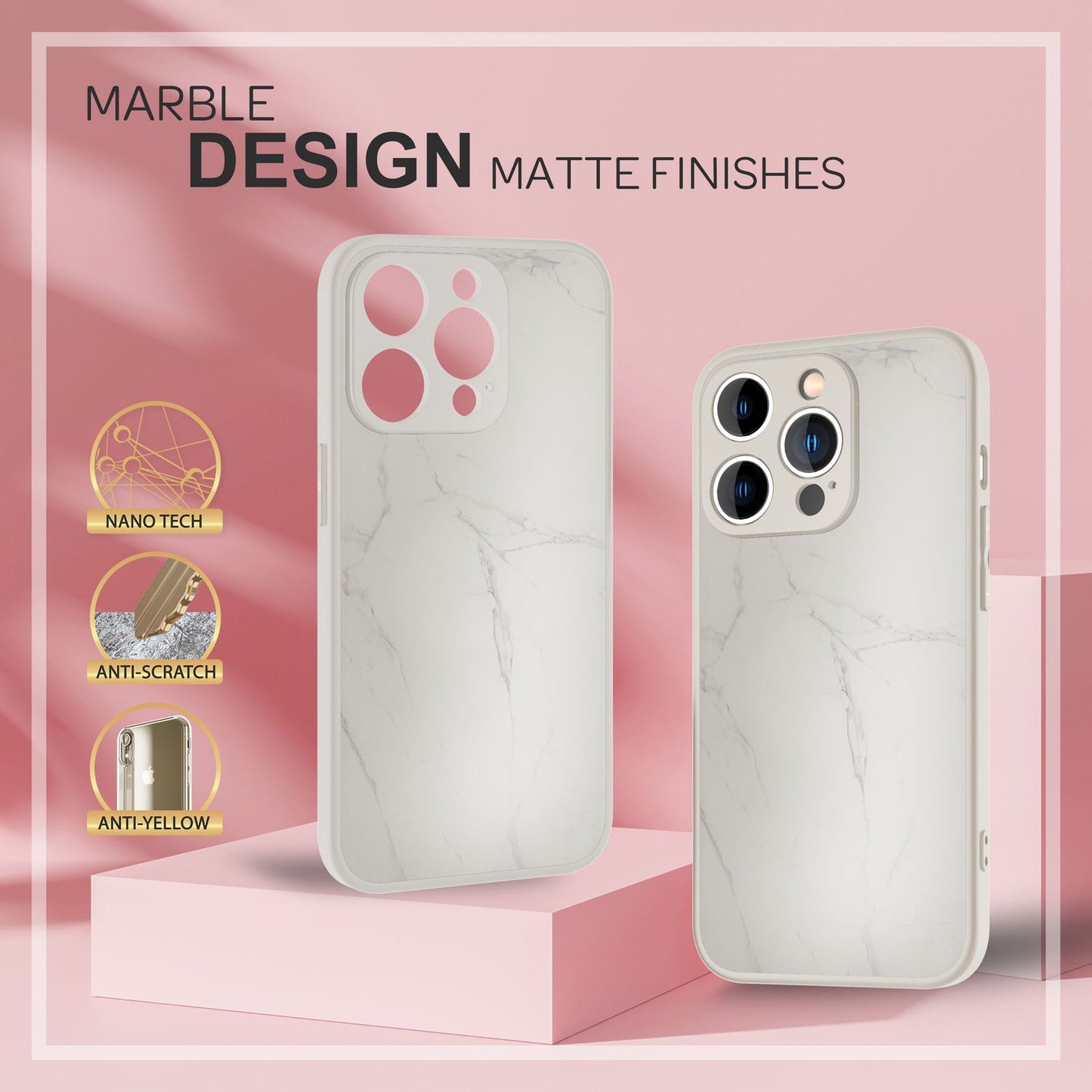 NALIA Marmor Glas Case für iPhone 14 Pro – Kratzfestes 9H Echtglas – MARBELLE (Silikon Bumper & Grip) – Marke aus Berlin