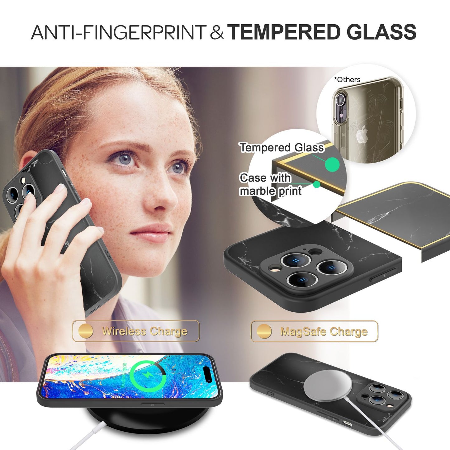 NALIA Marmor Glas Case für iPhone 14 Pro Max – Kratzfestes 9H Echtglas – MARBELLE (Silikon Bumper & Grip) – Marke aus Berlin