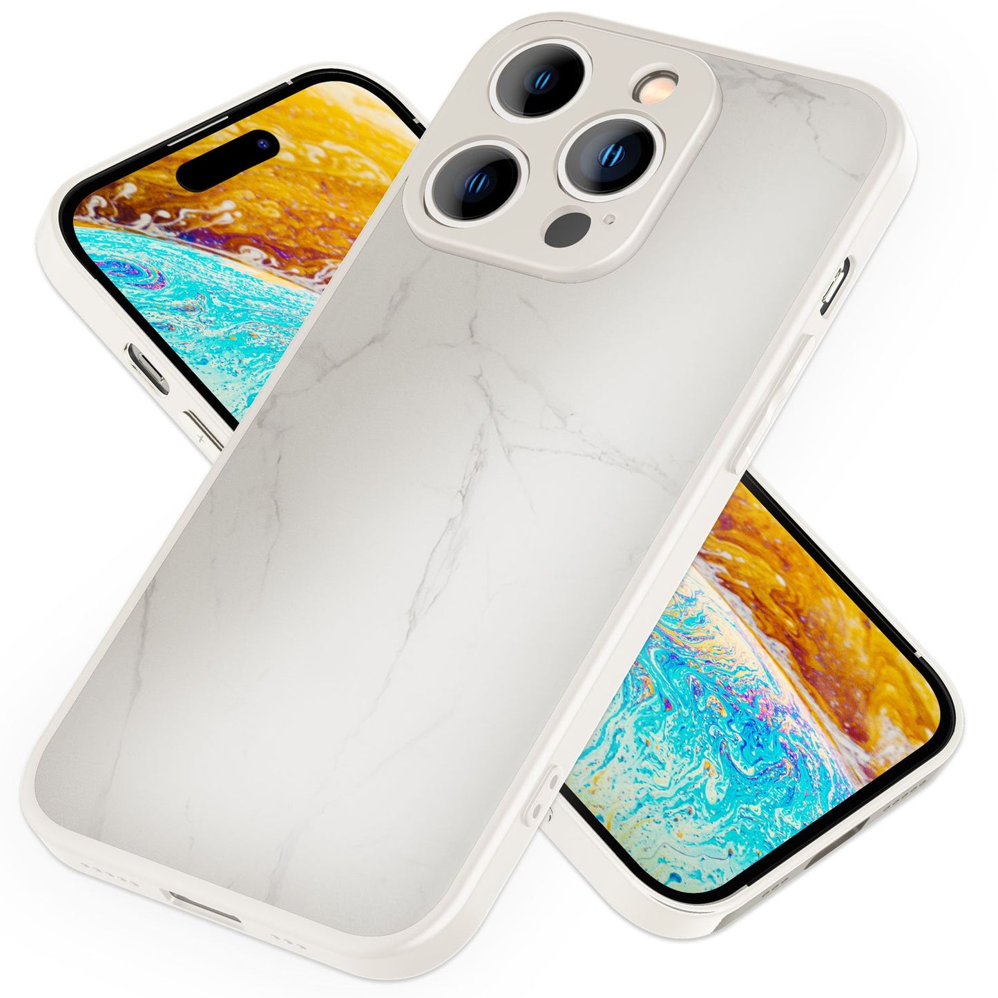 NALIA Marmor Glas Case für iPhone 14 Pro Max – Kratzfestes 9H Echtglas – MARBELLE (Silikon Bumper & Grip) – Marke aus Berlin