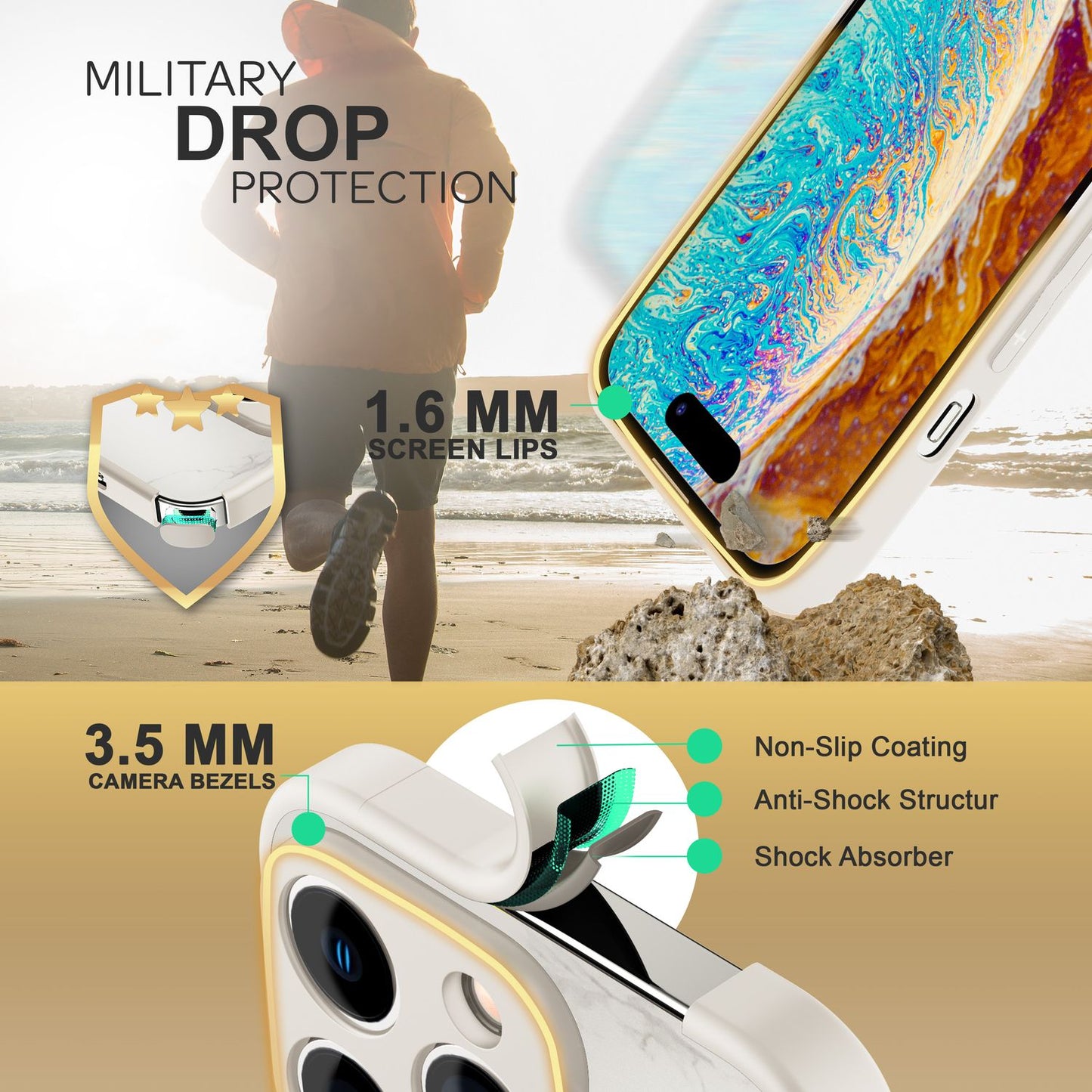 NALIA Marmor Glas Case für iPhone 14 Pro Max – Kratzfestes 9H Echtglas – MARBELLE (Silikon Bumper & Grip) – Marke aus Berlin