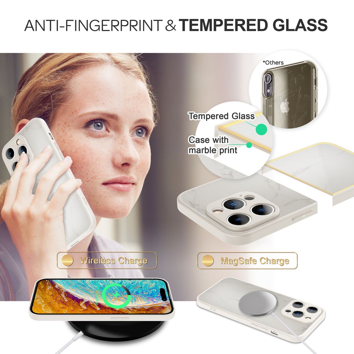 NALIA Marmor Glas Case für iPhone 14 Pro Max – Kratzfestes 9H Echtglas – MARBELLE (Silikon Bumper & Grip) – Marke aus Berlin