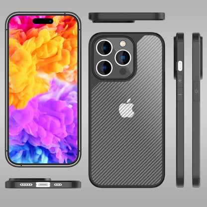 NALIA Carbon-Look Hülle für iPhone 14 Pro – Vergilbungsfrei & Rutschfest – NOMAD (Semi-Transparent & Silikon-Rahmen) – Marke aus Berlin