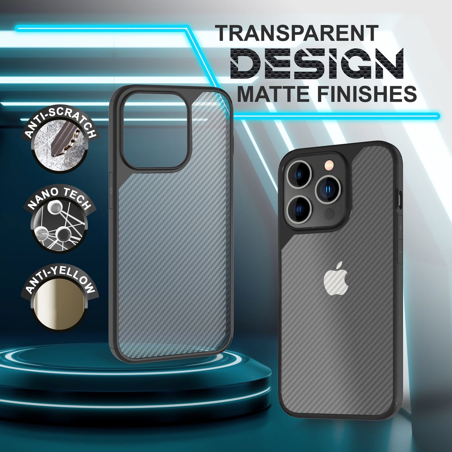 NALIA Carbon-Look Hülle für iPhone 14 Pro Max – Vergilbungsfrei & Rutschfest – NOMAD (Semi-Transparent & Silikon-Rahmen) – Marke aus Berlin