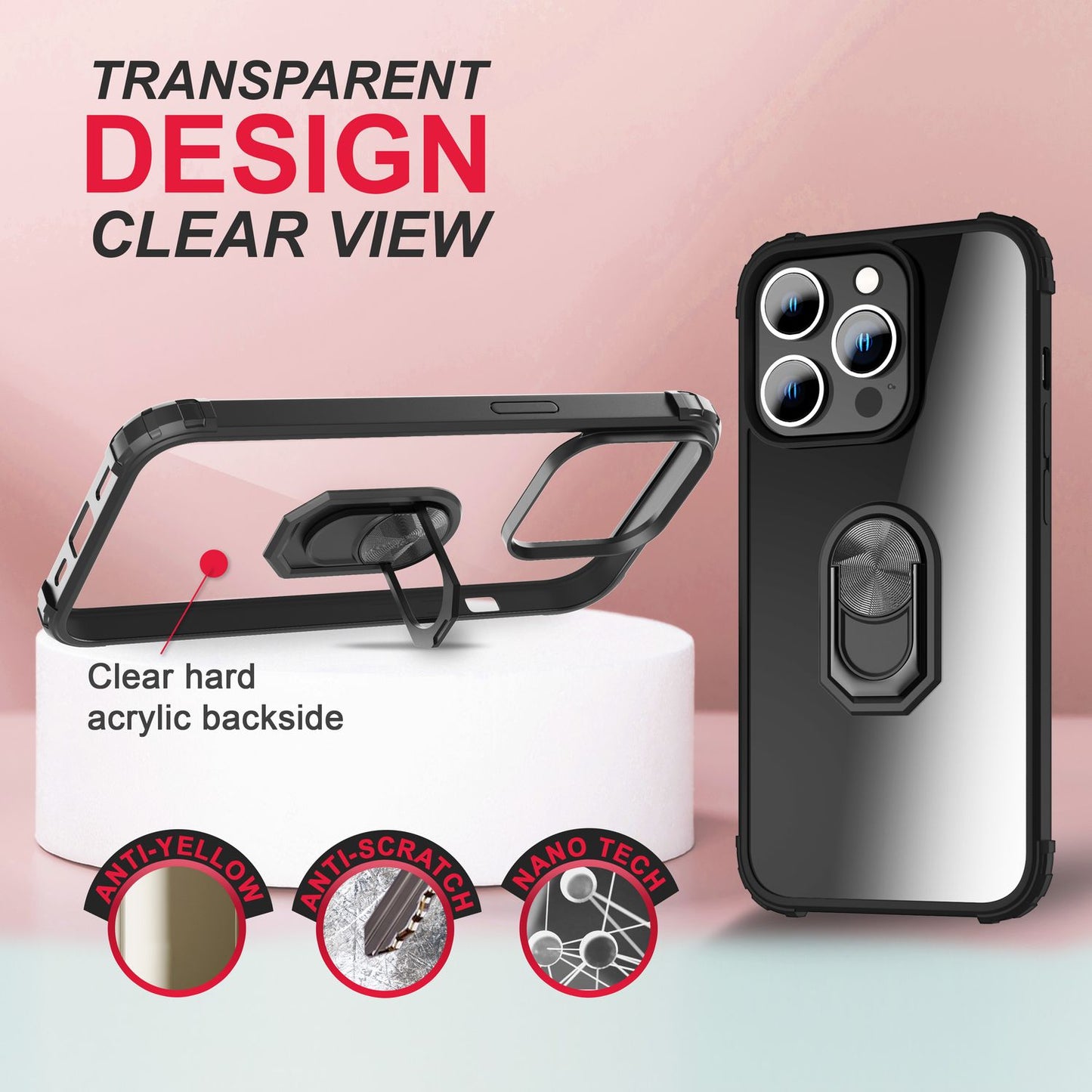 NALIA Ringhülle für iPhone 14 Pro Max – Für Magnethalter & 360° Stand – VAULT (Kristallklare Rückseite & Stoßfester Silikon-Rahmen) – Marke aus Berlin