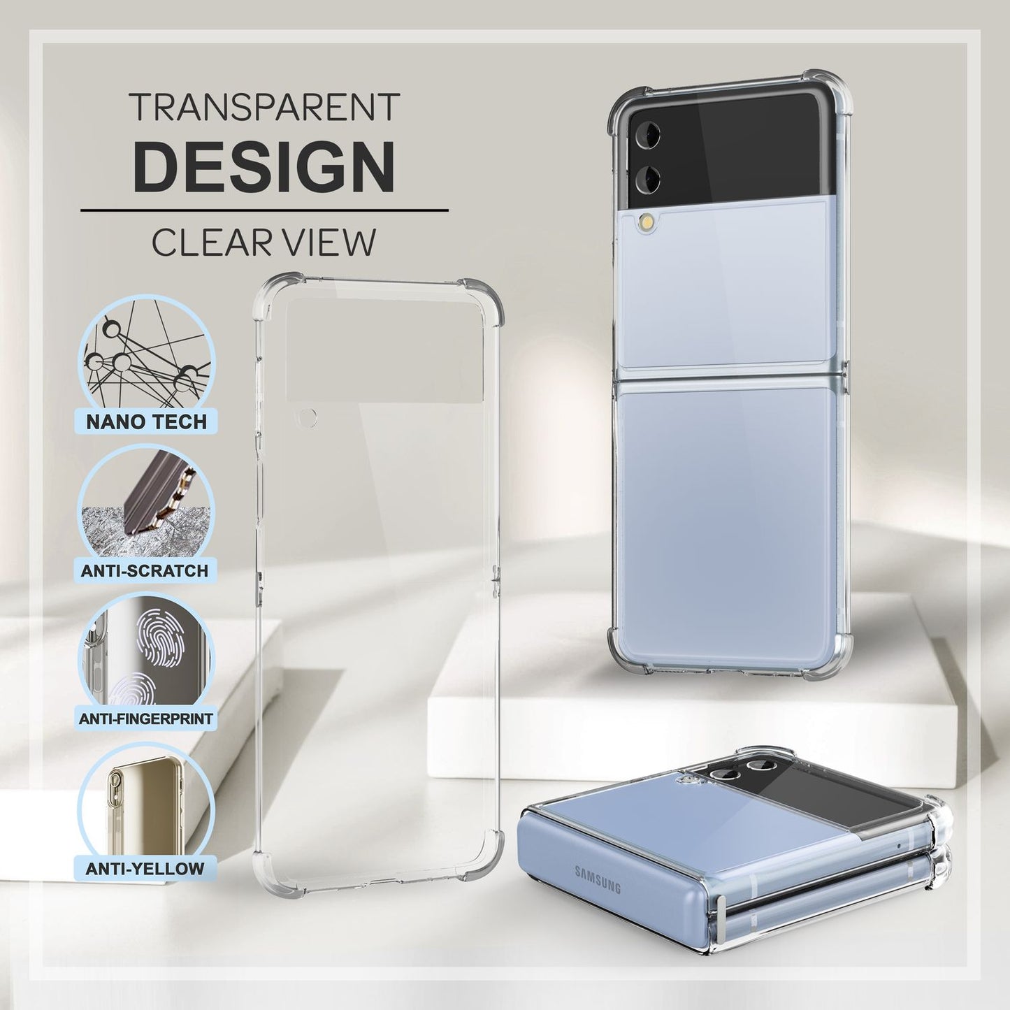 NALIA Klare Einteilige Schutzhülle kompatibel mit Samsung Galaxy Z Flip4 Hülle, Transparent Anti-Gelb Kratzfest Aufprall-Schutz, Harte Rückseite & Verstärkter Silikon-Rahmen, Durchsichtige Handyhülle