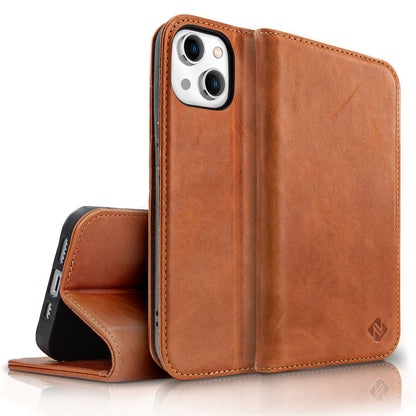 NALIA Echt-Leder Flipcase kompatibel mit iPhone 14 Hülle, Handgefertigt 100% Echtes Rindsleder Schutzhülle mit RFID-Schutz, Kartenfächern & Standfunktion, Lederhülle Handyhülle Etui