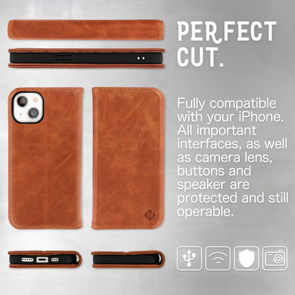 NALIA Echt-Leder Flipcase kompatibel mit iPhone 14 Hülle, Handgefertigt 100% Echtes Rindsleder Schutzhülle mit RFID-Schutz, Kartenfächern & Standfunktion, Lederhülle Handyhülle Etui
