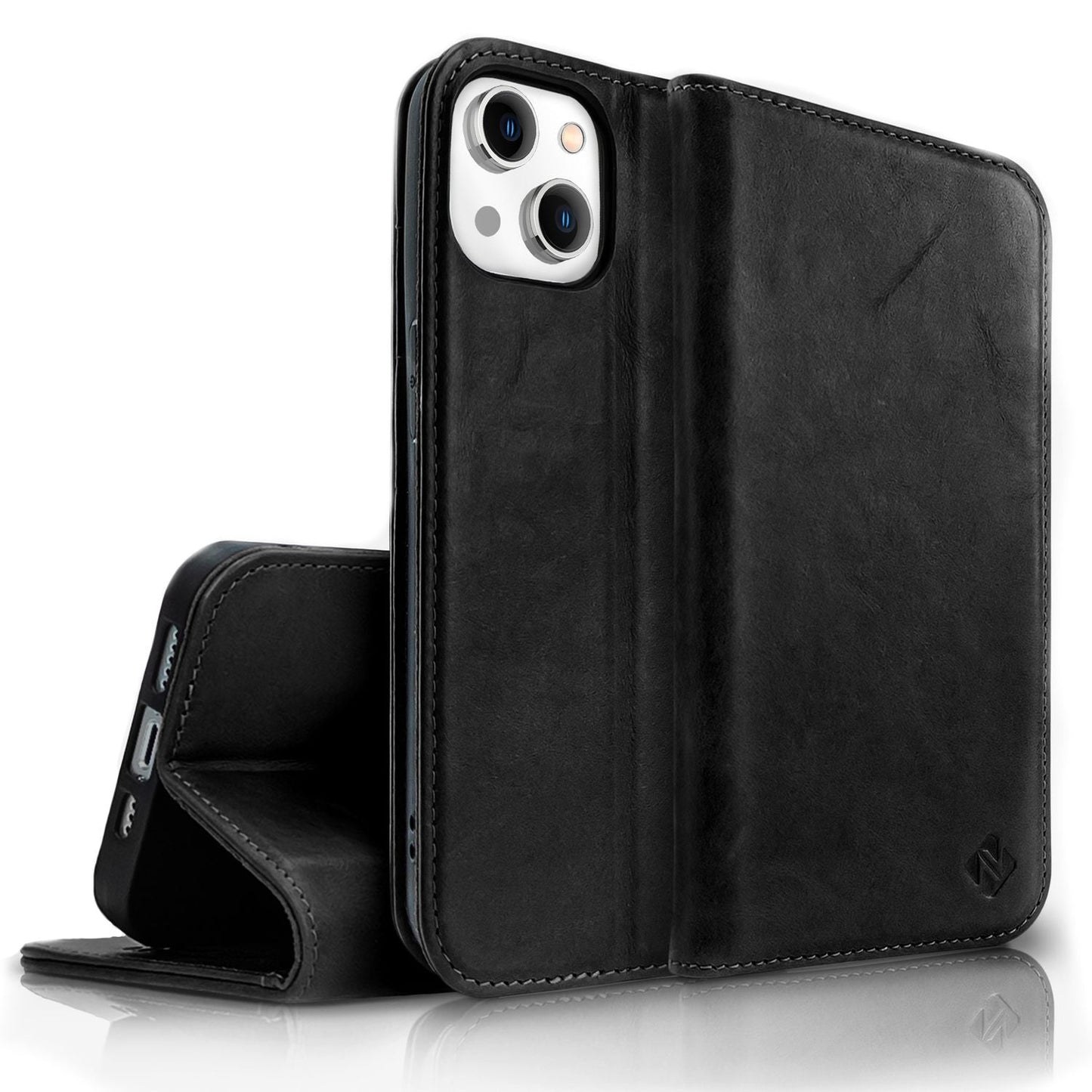 NALIA Echt-Leder Flipcase kompatibel mit iPhone 14 Hülle, Handgefertigt 100% Echtes Rindsleder Schutzhülle mit RFID-Schutz, Kartenfächern & Standfunktion, Lederhülle Handyhülle Etui