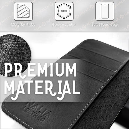 NALIA Echt-Leder Flipcase kompatibel mit iPhone 14 Hülle, Handgefertigt 100% Echtes Rindsleder Schutzhülle mit RFID-Schutz, Kartenfächern & Standfunktion, Lederhülle Handyhülle Etui