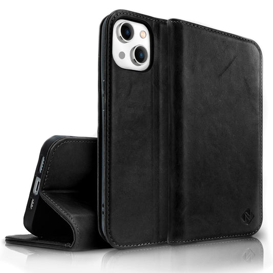NALIA Echtlederhülle für iPhone 14 Plus – RFID Wallet & Magnet-Verschluss – LEVANTO (Handgefertigte Klapphülle) – Marke aus Berlin