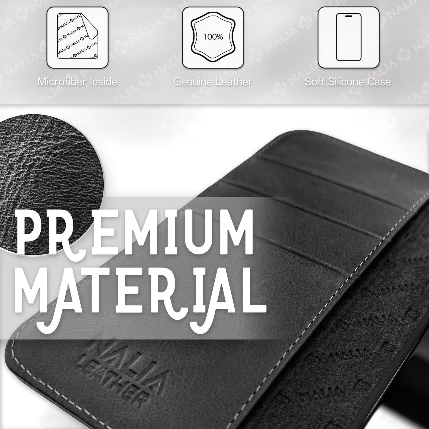 NALIA Echtlederhülle für iPhone 14 Pro – RFID Wallet & Magnet-Verschluss – LEVANTO (Handgefertigte Klapphülle) – Marke aus Berlin