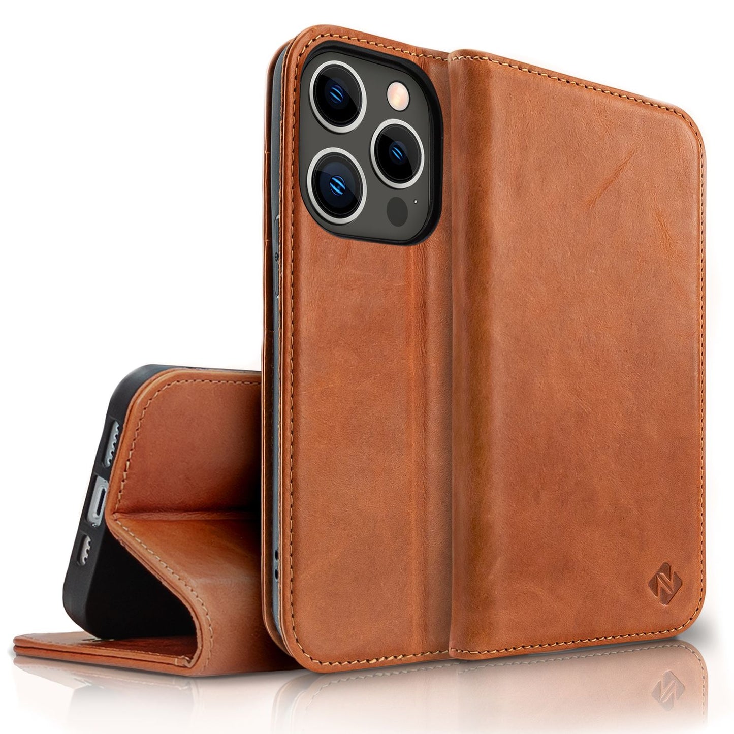 NALIA Echtlederhülle für iPhone 14 Pro Max – RFID Wallet & Magnet-Verschluss – LEVANTO (Handgefertigte Klapphülle) – Marke aus Berlin