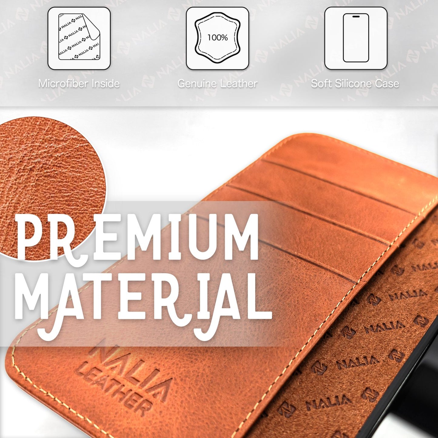 NALIA Echtlederhülle für iPhone 14 Pro Max – RFID Wallet & Magnet-Verschluss – LEVANTO (Handgefertigte Klapphülle) – Marke aus Berlin