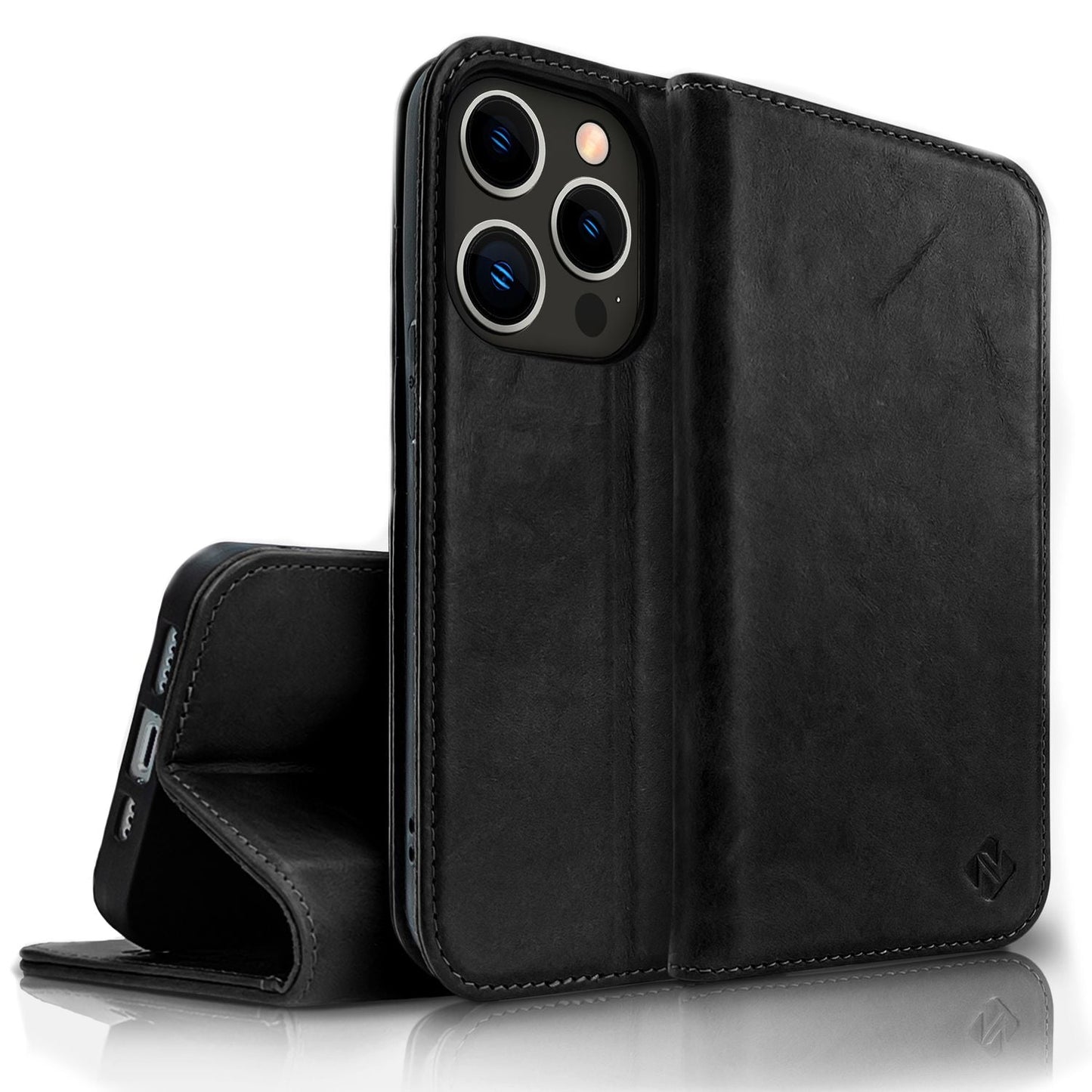 NALIA Echtlederhülle für iPhone 14 Pro Max – RFID Wallet & Magnet-Verschluss – LEVANTO (Handgefertigte Klapphülle) – Marke aus Berlin