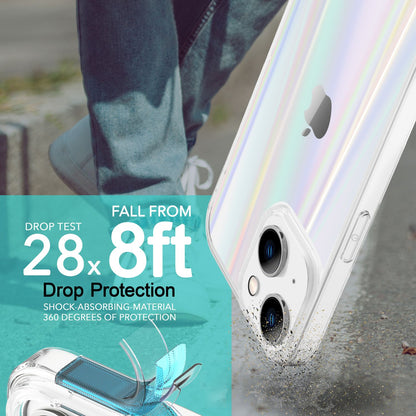 NALIA Klares Hartglas Case kompatibel mit iPhone 14 Hülle, Transparent Regenbogen Effekt Anti-Gelb Kratzfest Tempered Glass & Silikon Bumper, Holografisch Bunt Glänzende Handyhülle Durchsichtig Cover