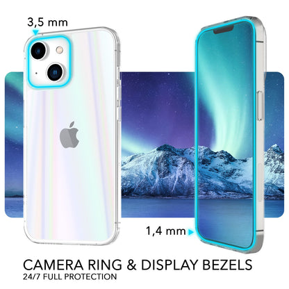 NALIA Klares Hartglas Case kompatibel mit iPhone 14 Hülle, Transparent Regenbogen Effekt Anti-Gelb Kratzfest Tempered Glass & Silikon Bumper, Holografisch Bunt Glänzende Handyhülle Durchsichtig Cover