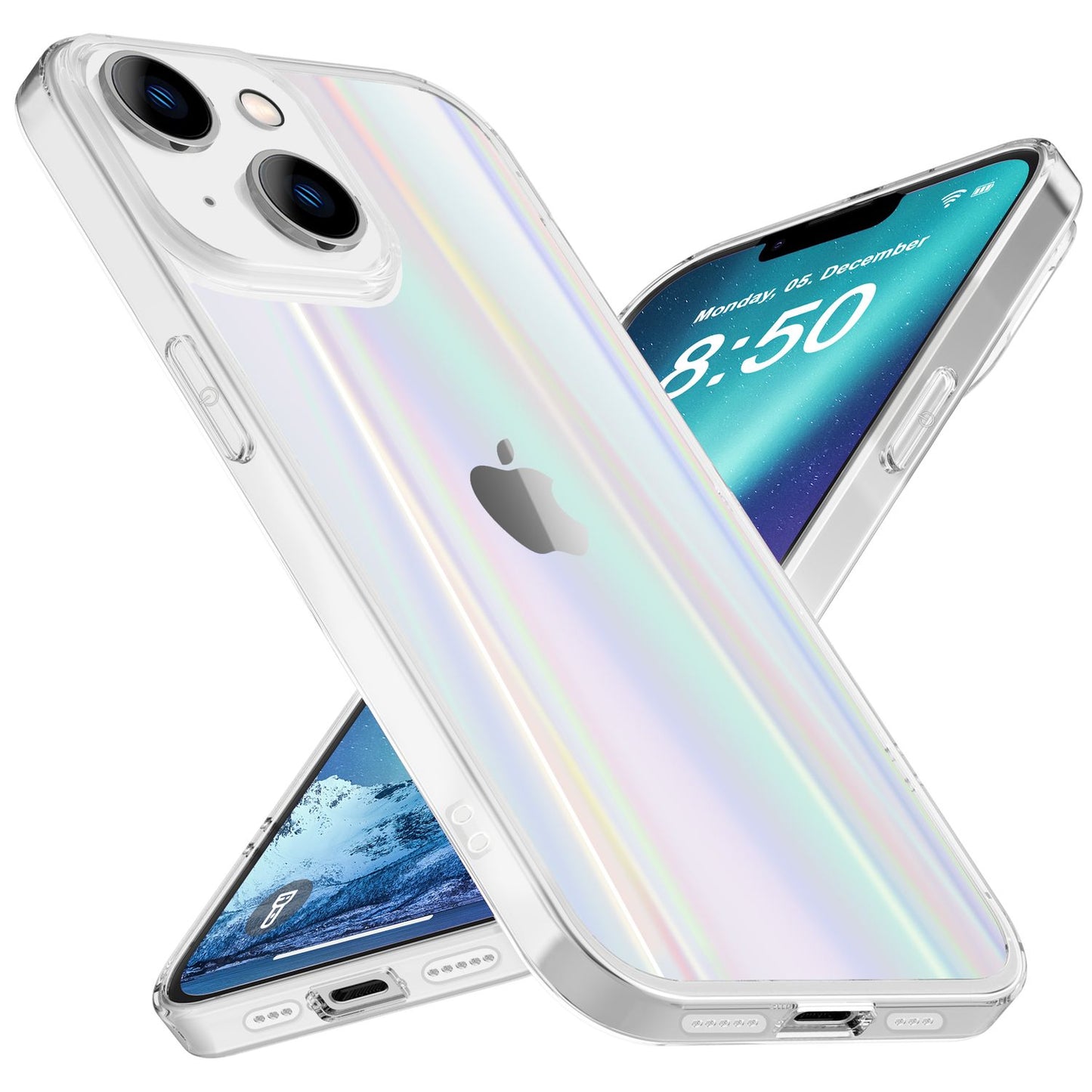 NALIA Klares Hartglas Case kompatibel mit iPhone 14 Plus Hülle, Transparent Regenbogen Effekt Anti-Gelb Kratzfest Tempered Glass & Silikon Bumper, Holografisch Bunt Glänzende Handyhülle Durchsichtig