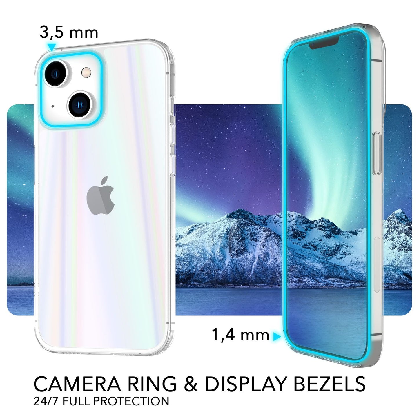 NALIA Klares Hartglas Case kompatibel mit iPhone 14 Plus Hülle, Transparent Regenbogen Effekt Anti-Gelb Kratzfest Tempered Glass & Silikon Bumper, Holografisch Bunt Glänzende Handyhülle Durchsichtig