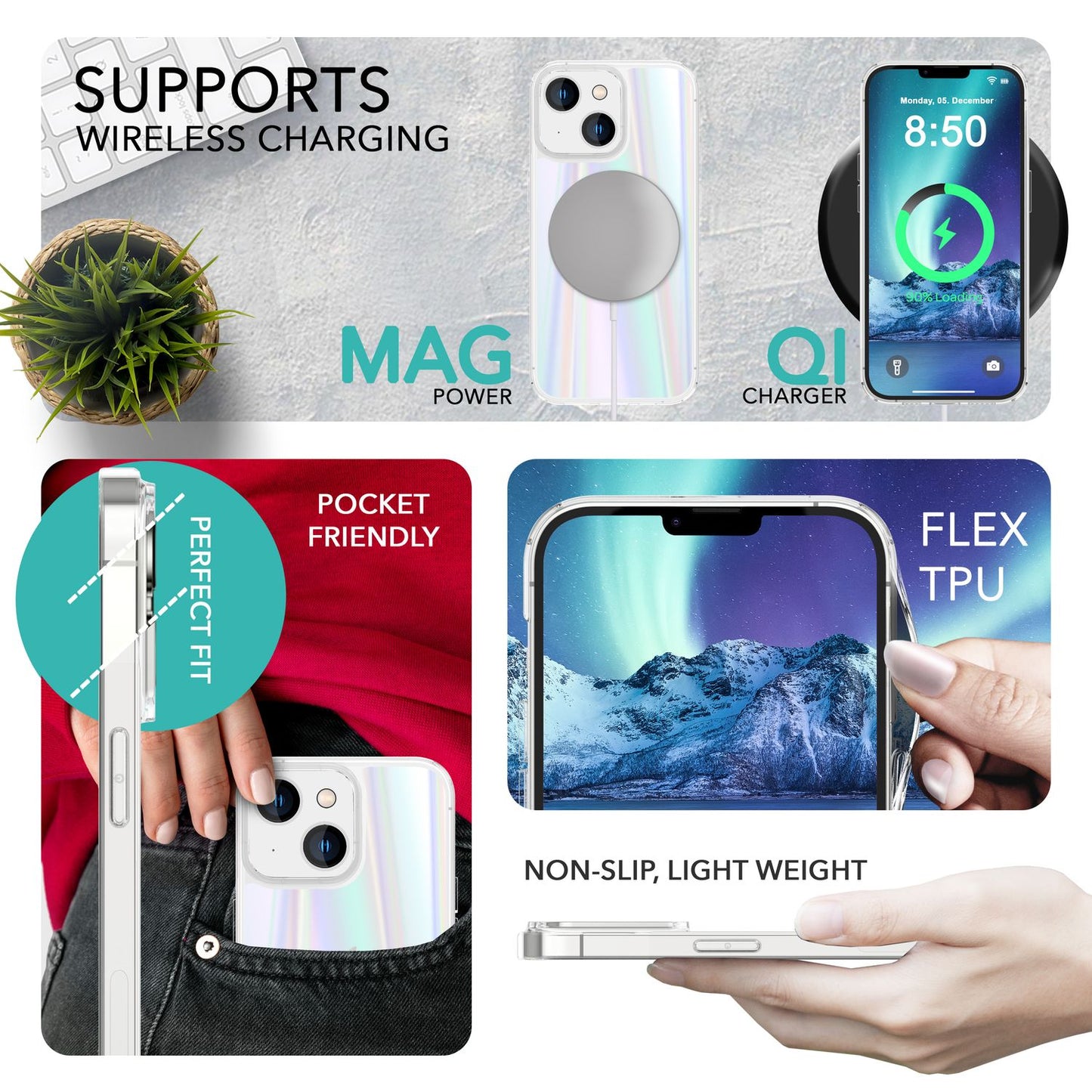 NALIA Klares Hartglas Case kompatibel mit iPhone 14 Plus Hülle, Transparent Regenbogen Effekt Anti-Gelb Kratzfest Tempered Glass & Silikon Bumper, Holografisch Bunt Glänzende Handyhülle Durchsichtig