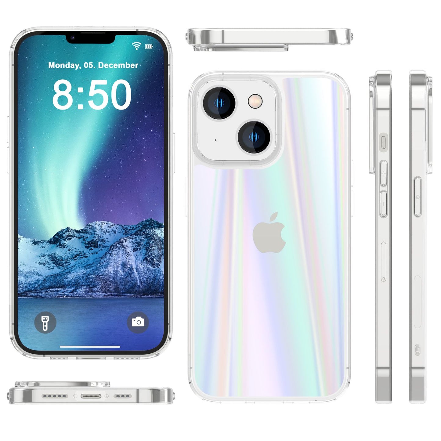 NALIA Klares Hartglas Case kompatibel mit iPhone 14 Plus Hülle, Transparent Regenbogen Effekt Anti-Gelb Kratzfest Tempered Glass & Silikon Bumper, Holografisch Bunt Glänzende Handyhülle Durchsichtig