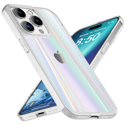 NALIA Klares Hartglas Case kompatibel mit iPhone 14 Pro Hülle, Transparent Regenbogen Effekt Anti-Gelb Kratzfest Tempered Glass & Silikon Bumper, Holografisch Bunt Glänzende Handyhülle Durchsichtig