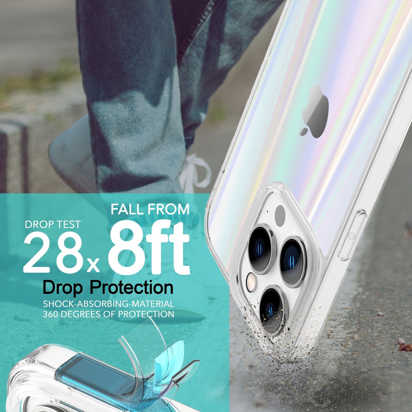 NALIA Klares Hartglas Case kompatibel mit iPhone 14 Pro Hülle, Transparent Regenbogen Effekt Anti-Gelb Kratzfest Tempered Glass & Silikon Bumper, Holografisch Bunt Glänzende Handyhülle Durchsichtig