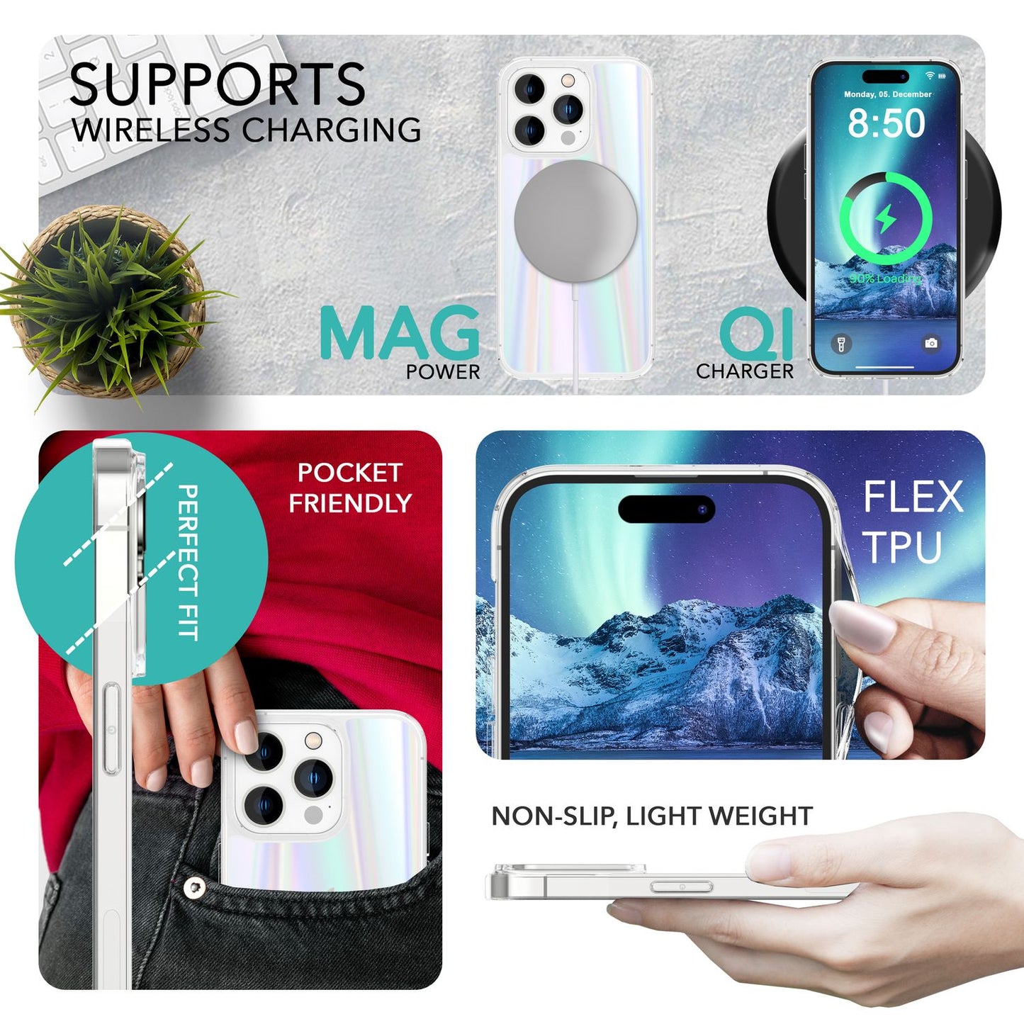 NALIA Klares Hartglas Case kompatibel mit iPhone 14 Pro Hülle, Transparent Regenbogen Effekt Anti-Gelb Kratzfest Tempered Glass & Silikon Bumper, Holografisch Bunt Glänzende Handyhülle Durchsichtig