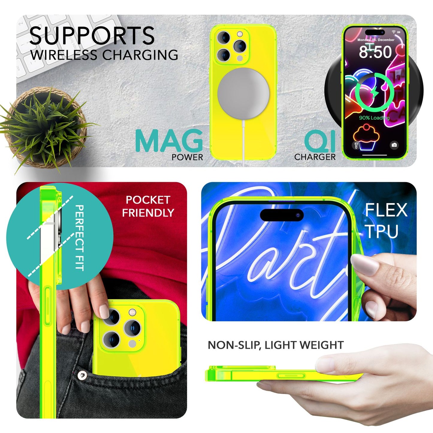 NALIA Neon Silikonhülle für iPhone 14 Pro – Knallige Signal-Farbe & Linsenschutz – VIBE (Transparentes Case) – Marke aus Berlin