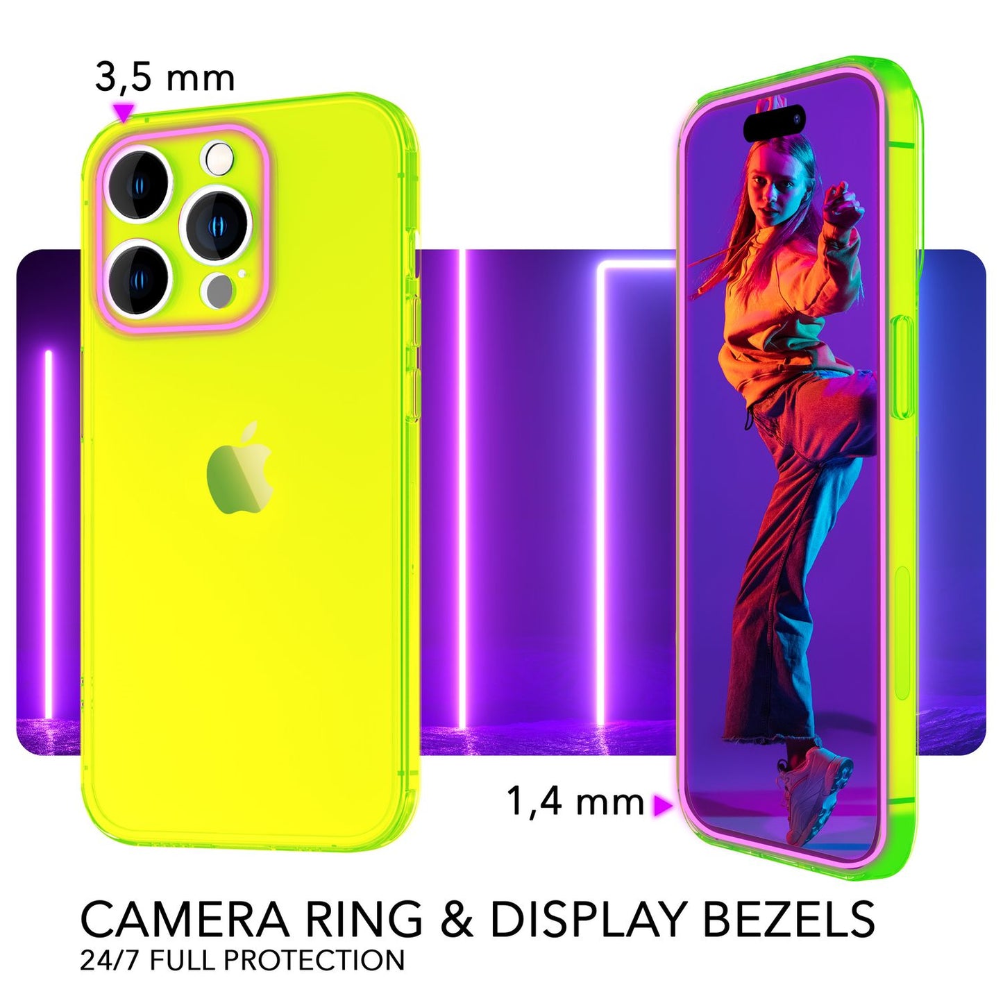NALIA Neon Silikonhülle für iPhone 14 Pro Max – Knallige Signal-Farbe & Linsenschutz – VIBE (Transparentes Case) – Marke aus Berlin