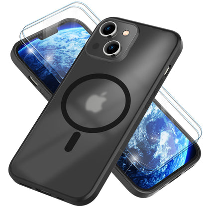 NALIA Set [3-in-1] MagPower Schutzhülle & 2x Schutzglas kompatibel mit iPhone 14 Hülle [kompatibel mit MagSafe], Halb-Transparent Matt Anti-Gelb, Harte Rückseite & Silikon-Rahmen Schwarz, Handycover