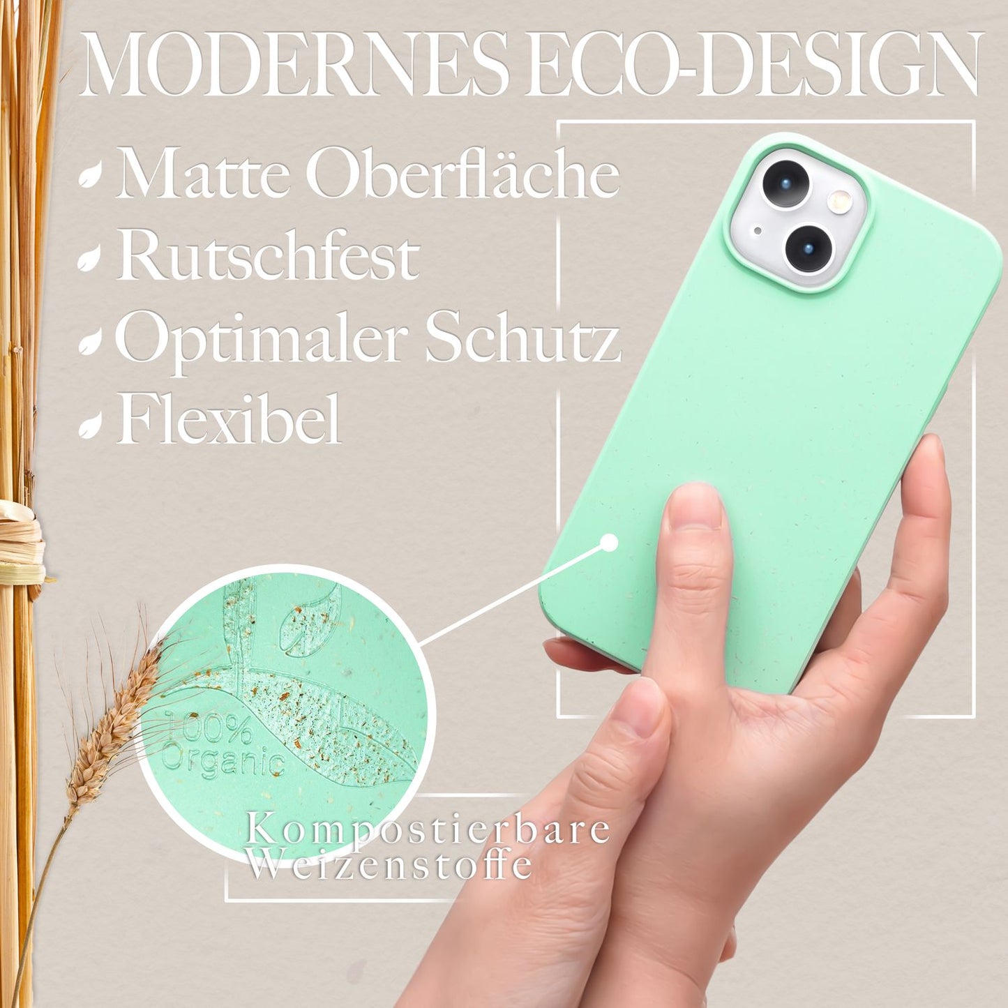 NALIA Handyhülle für iPhone 14 – MagSafe kompatibel & Weizenstroh-Mix – ECOFIT (Pflanzenbasiert, Rutschfest & Matt) – Marke aus Berlin