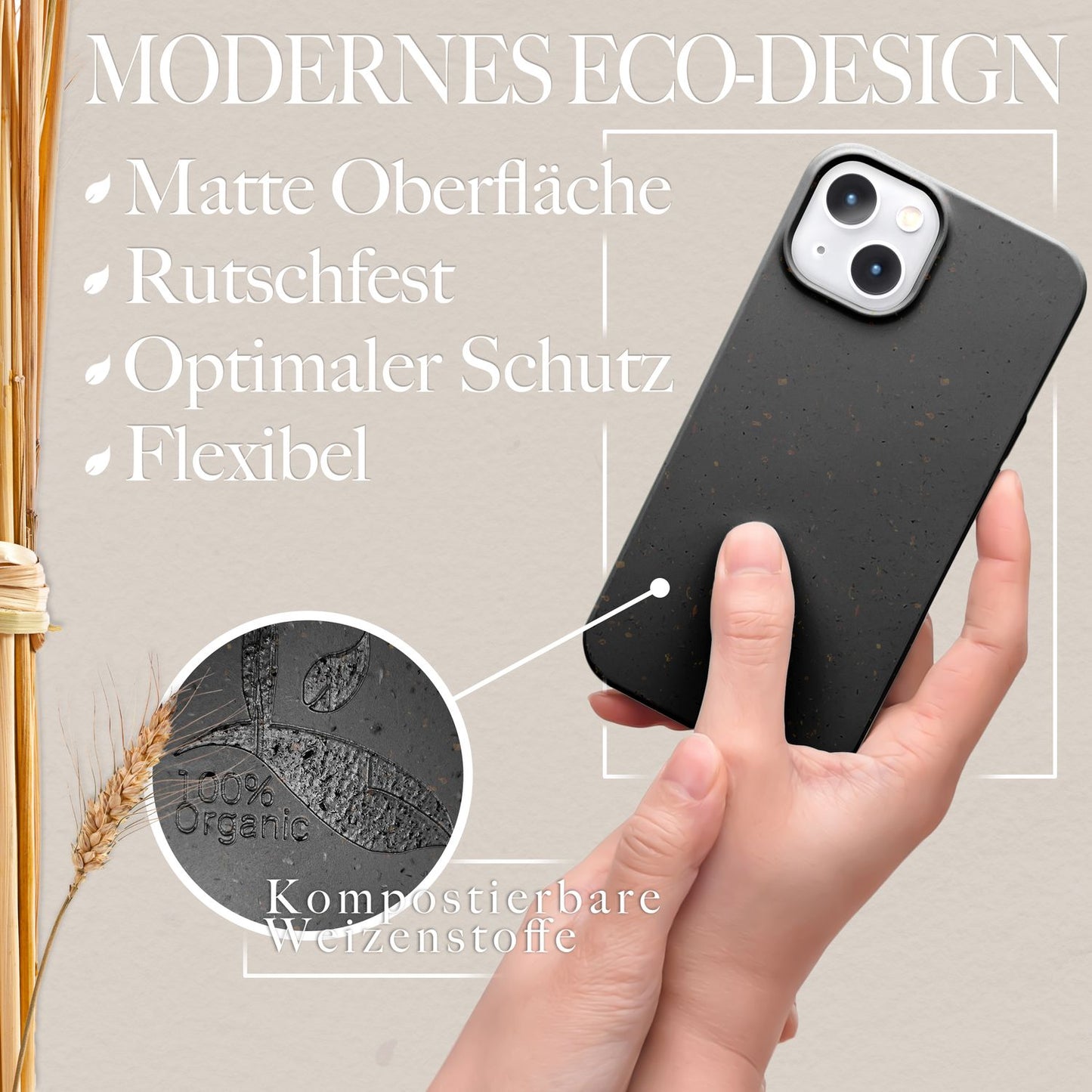 NALIA Handyhülle für iPhone 14 – MagSafe kompatibel & Weizenstroh-Mix – ECOFIT (Pflanzenbasiert, Rutschfest & Matt) – Marke aus Berlin