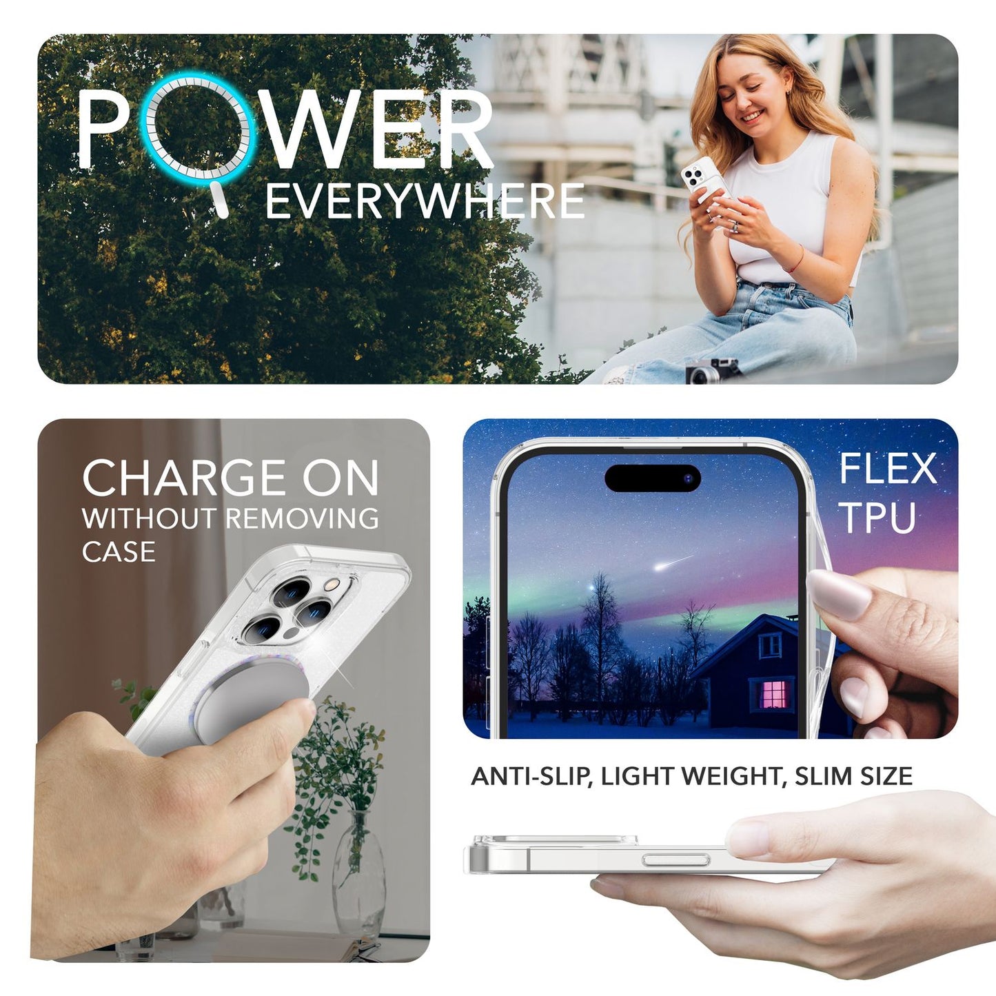 NALIA Magnet Glitzerhülle für iPhone 14 Pro – MagSafe kompatibel & 2x Schutzglas – BLYZE (Anti-Gelb Hardcase & Silikon Bumper) – Marke aus Berlin