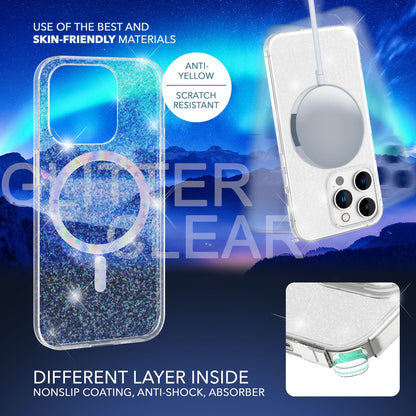NALIA Magnet Glitzerhülle für iPhone 14 Pro – MagSafe kompatibel & 2x Schutzglas – BLYZE (Anti-Gelb Hardcase & Silikon Bumper) – Marke aus Berlin