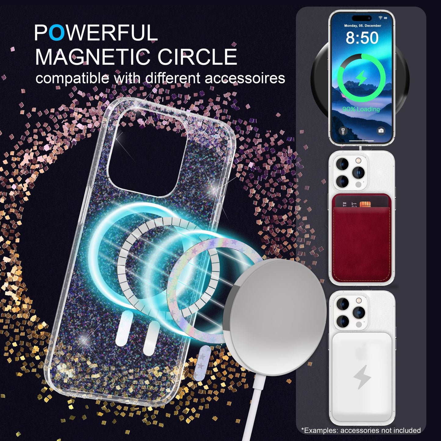 NALIA Magnet Glitzerhülle für iPhone 14 Pro Max – MagSafe kompatibel & 2x Schutzglas – BLYZE (Anti-Gelb Hardcase & Silikon Bumper) – Marke aus Berlin