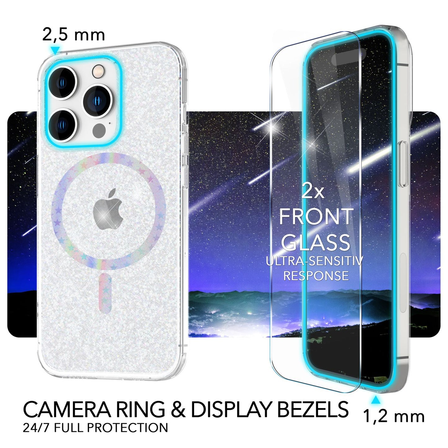NALIA Magnet Glitzerhülle für iPhone 14 Pro Max – MagSafe kompatibel & 2x Schutzglas – BLYZE (Anti-Gelb Hardcase & Silikon Bumper) – Marke aus Berlin