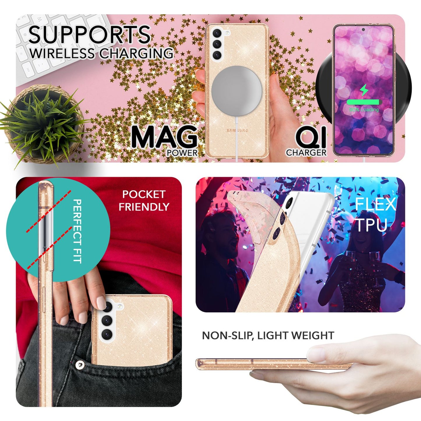 NALIA Glitzerhülle für Samsung Galaxy S23 – Funkelndes Silikon Case – DAZZLIN (Transparent & Stoßfest) – Marke aus Berlin