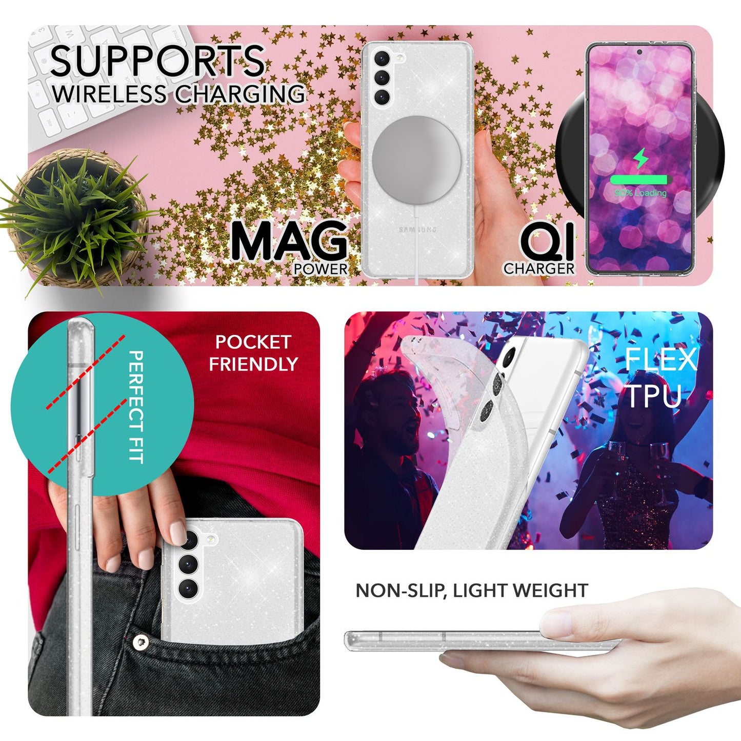 NALIA Glitzerhülle für Samsung Galaxy S23 Plus – Funkelndes Silikon Case – DAZZLIN (Transparent & Stoßfest) – Marke aus Berlin