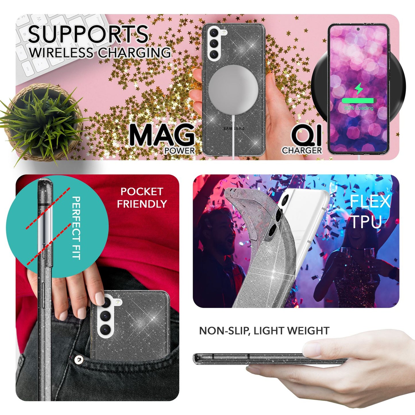 NALIA Glitzerhülle für Samsung Galaxy S23 Plus – Funkelndes Silikon Case – DAZZLIN (Transparent & Stoßfest) – Marke aus Berlin