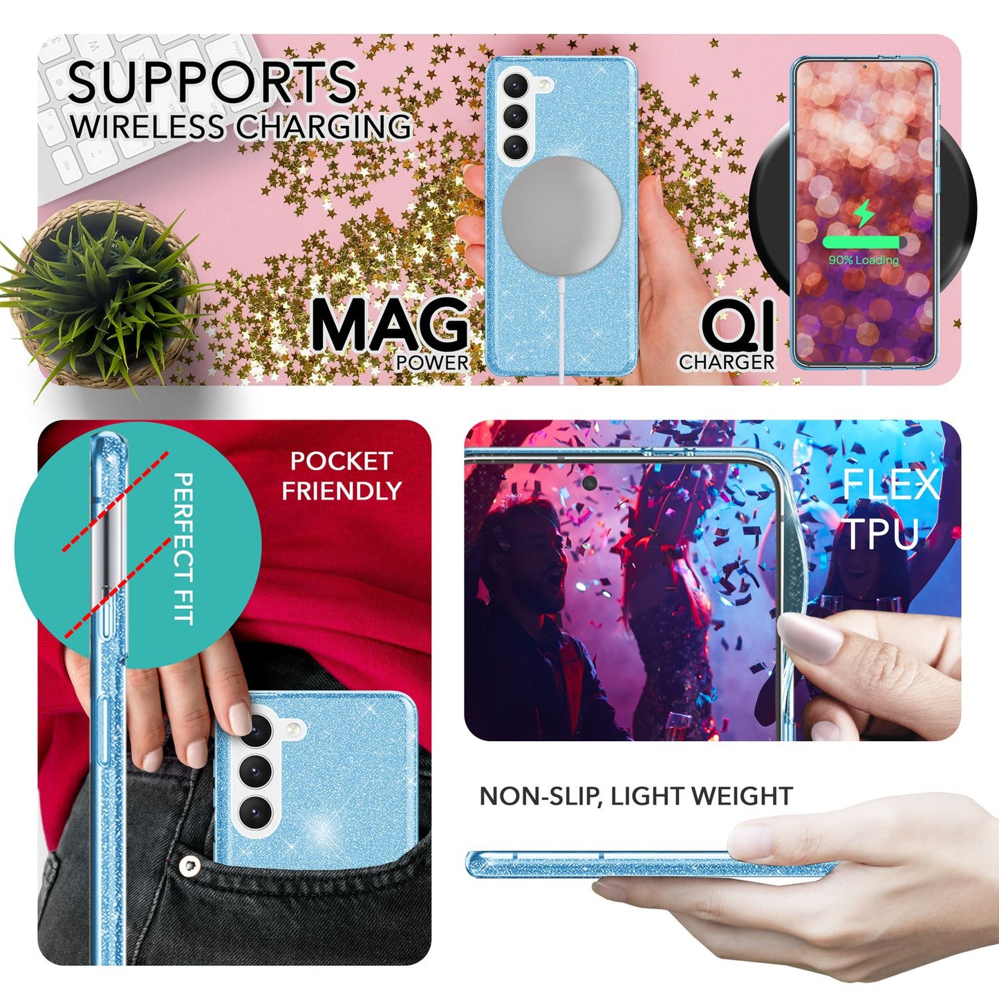 NALIA Glitzerhülle für Samsung Galaxy S23 – Funkelnder Glitzer-Look & Grip – SHINEPOP (Silikon Case) – Marke aus Berlin